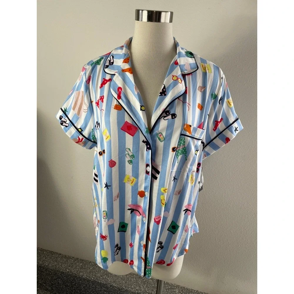 NEW Kate Spade Womens XL Blue Stripe Floral Sleep Top Pajama Shirt